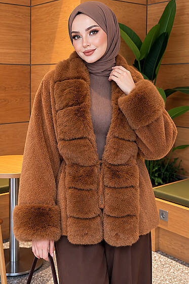 Kürklü Beli Kuşaklı Angora Kaşe Taba - Hırka