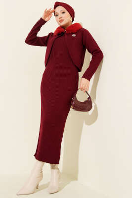 Kürklü Detaylı Jile Triko Elbise Bordo - 700-1000 TL Ürünler