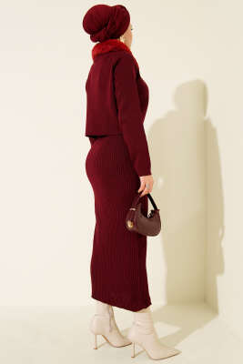 Kürklü Detaylı Jile Triko Elbise Bordo - 700-1000 TL Ürünler