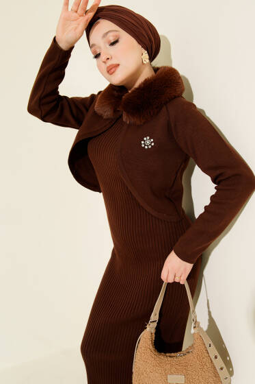 Kürklü Detaylı Jile Triko Elbise Kahve - Elbise