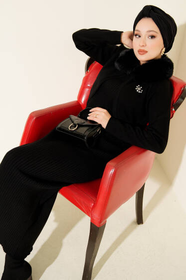 Kürklü Detaylı Jile Triko Elbise Siyah - Elbise