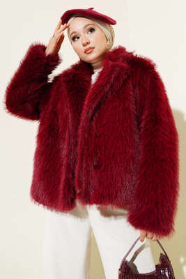 Kürklü Düğmeli Kısa Mont Bordo 