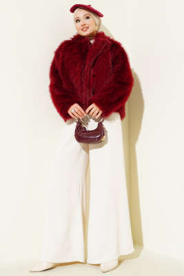 Kürklü Düğmeli Kısa Mont Bordo - Mont