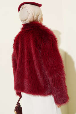 Kürklü Düğmeli Kısa Mont Bordo - Mont
