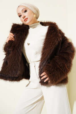 Kürklü Düğmeli Kısa Mont Kahve 