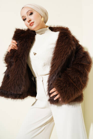 Kürklü Düğmeli Kısa Mont Kahve - Mont