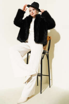 Kürklü Düğmeli Kısa Mont Siyah - Mont