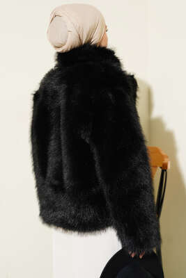 Kürklü Düğmeli Kısa Mont Siyah - Mont