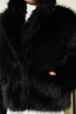 Kürklü Düğmeli Kısa Mont Siyah - Mont