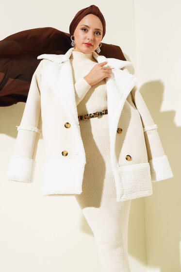 Kürklü Düğmeli Süet Kaban Taş - Kaban