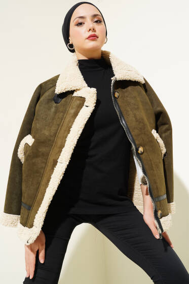 Kürklü Fermuarlı Süet Mont Haki - Mont
