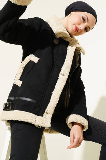 Kürklü Fermuarlı Süet Mont Siyah - Mont