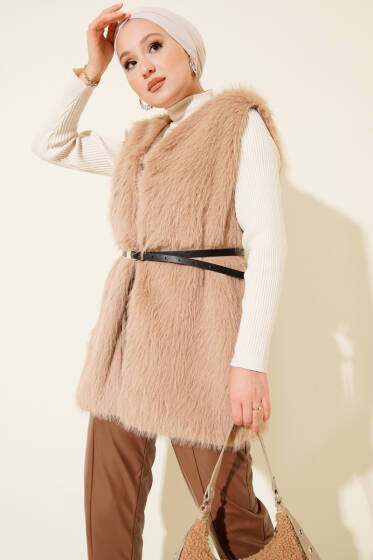 Kürklü Kemerli Yelek Camel - Yelek