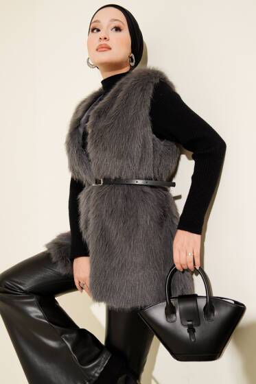 Kürklü Kemerli Yelek Füme - Yelek