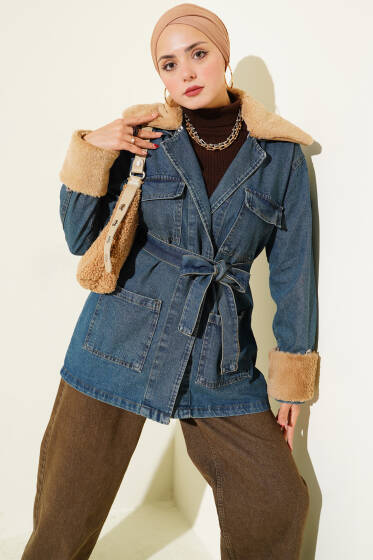 Kürklü Kuşak Detaylı Kot Ceket Mavi - Ceket