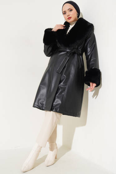 Kürklü Kuşaklı Deri Kaban Siyah - Kaban