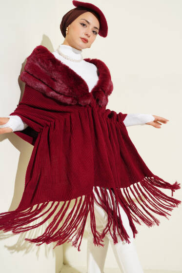 Kürklü Omuz Şalı Bordo - Omuz Şalı
