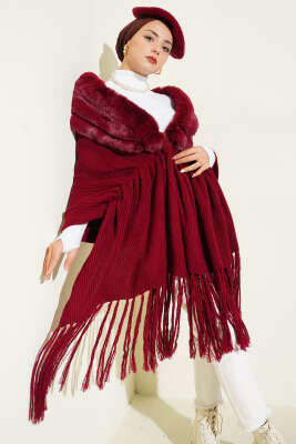 Kürklü Omuz Şalı Bordo - Omuz Şalı