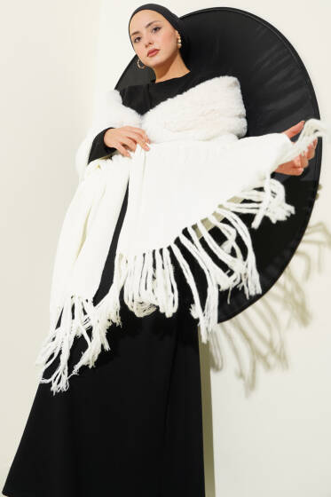 Kürklü Omuz Şalı Ekru - Omuz Şalı