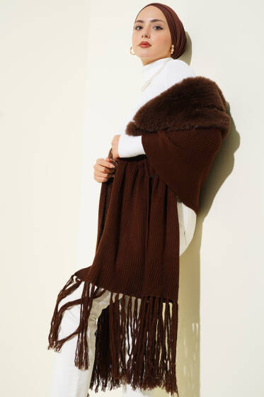 Kürklü Omuz Şalı Kahve - Omuz Şalı