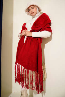 Kürklü Omuz Şalı Kırmızı - Omuz Şalı