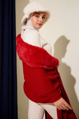 Kürklü Omuz Şalı Kırmızı - Omuz Şalı