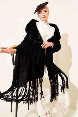 Kürklü Omuz Şalı Siyah - Omuz Şalı