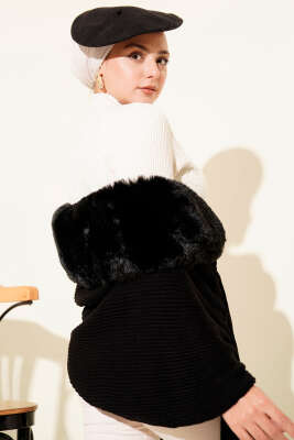 Kürklü Omuz Şalı Siyah - Omuz Şalı