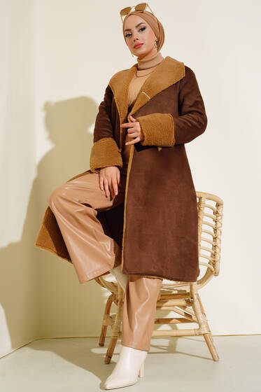 Kürklü Süet Uzun Kaban Kahve - Kaban