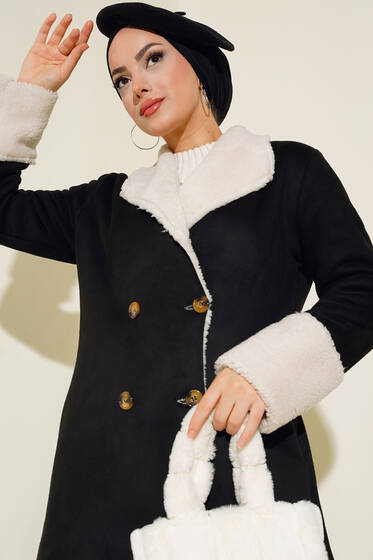 Kürklü Süet Uzun Kaban Siyah Ekru - Kaban