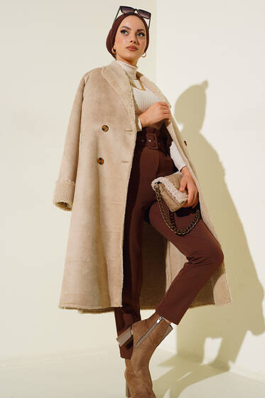 Kürklü Uzun Süet Kaban Bej - Kaban