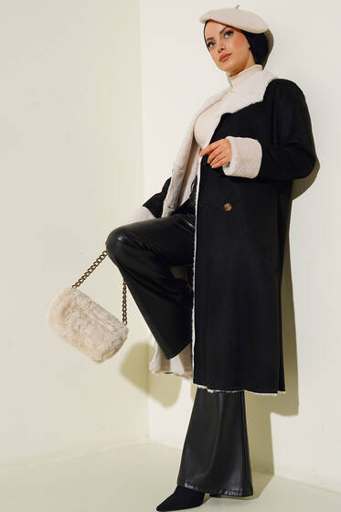 Kürklü Uzun Süet Kaban Siyah Ekru - Kaban