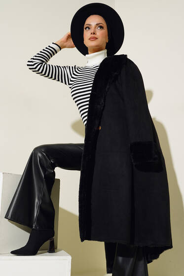 Kürklü Uzun Süet Kaban Siyah - Kaban