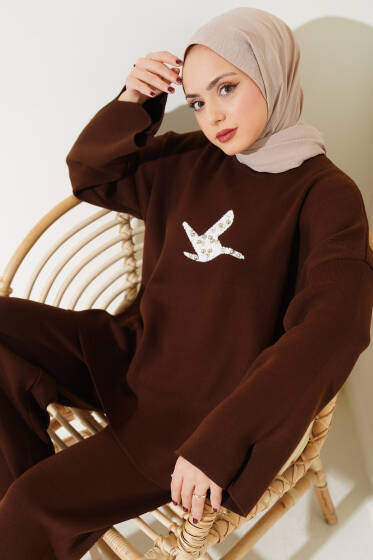 Kuş Desenli Taşlı Triko İkili Takım Kahve - Triko