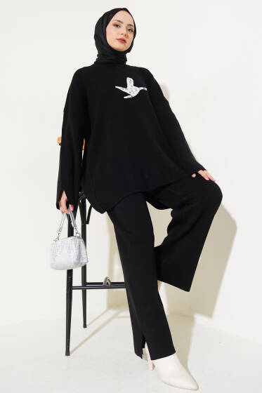 Kuş Desenli Taşlı Triko İkili Takım Siyah - Triko