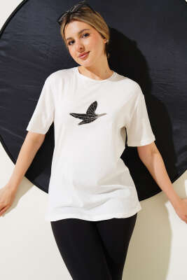 Kuş Figürlü Taşlı T-shirt Beyaz 