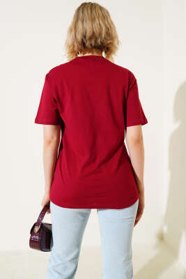 Kuş Figürlü Taşlı T-shirt Bordo - Kadın Giyim Modelleri