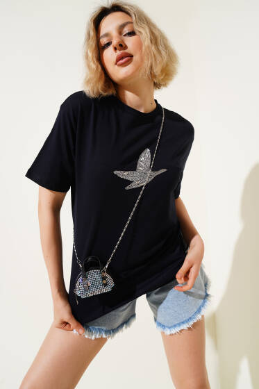 Kuş Figürlü Taşlı T-shirt Lacivert - Kadın Giyim Modelleri
