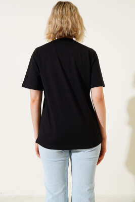 Kuş Figürlü Taşlı T-shirt Siyah - Kadın Giyim Modelleri
