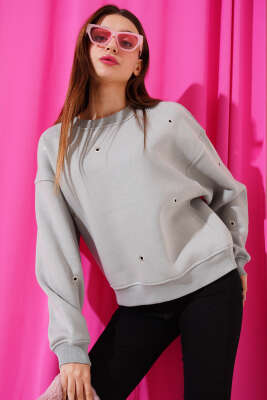 Kuş Gözlü Üç İplik Sweatshirt Gri - Kadın Giyim Modelleri