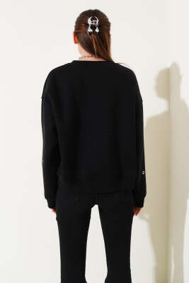 Kuş Gözlü Üç İplik Sweatshirt Siyah - Kadın Giyim Modelleri