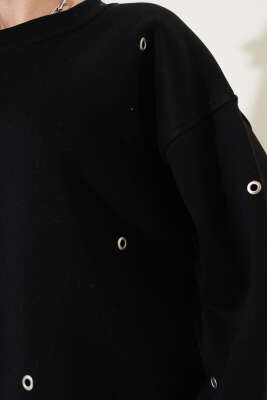 Kuş Gözlü Üç İplik Sweatshirt Siyah - Kadın Giyim Modelleri