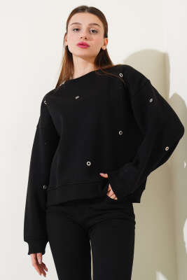 Kuş Gözlü Üç İplik Sweatshirt Siyah - Kadın Giyim Modelleri