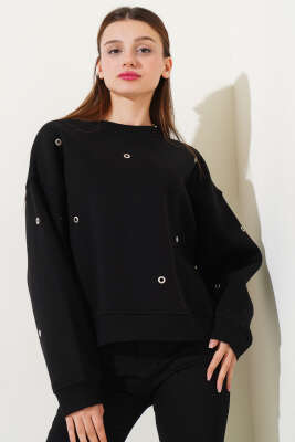 Kuş Gözlü Üç İplik Sweatshirt Siyah 