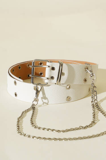 Kuş Gözü Desen Zincirli Beyaz Kemer - Deri Kemer