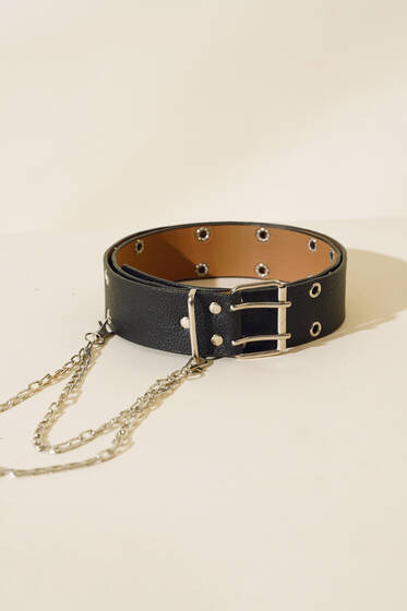 Kuş Gözü Desen Zincirli Siyah Kemer - Deri Kemer