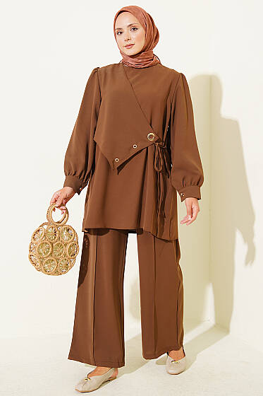 Kuş Gözü Detaylı Bağcıklı İkili Takım Kahve - İkili Takım