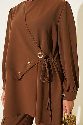 Kuş Gözü Detaylı Bağcıklı İkili Takım Kahve - İkili Takım