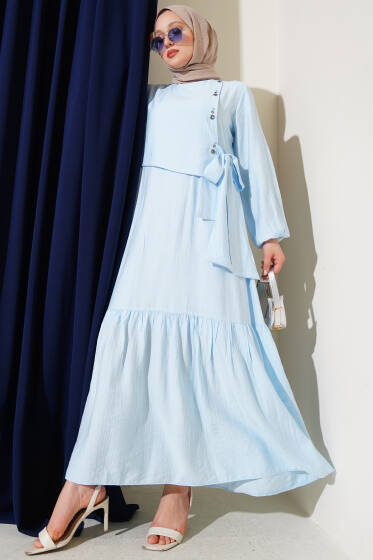 Kuş Gözü Detaylı Bağlamalı Elbise Bebe Mavi - Elbise