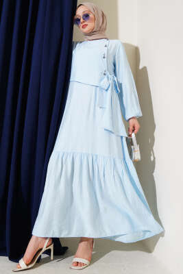 Kuş Gözü Detaylı Bağlamalı Elbise Bebe Mavi